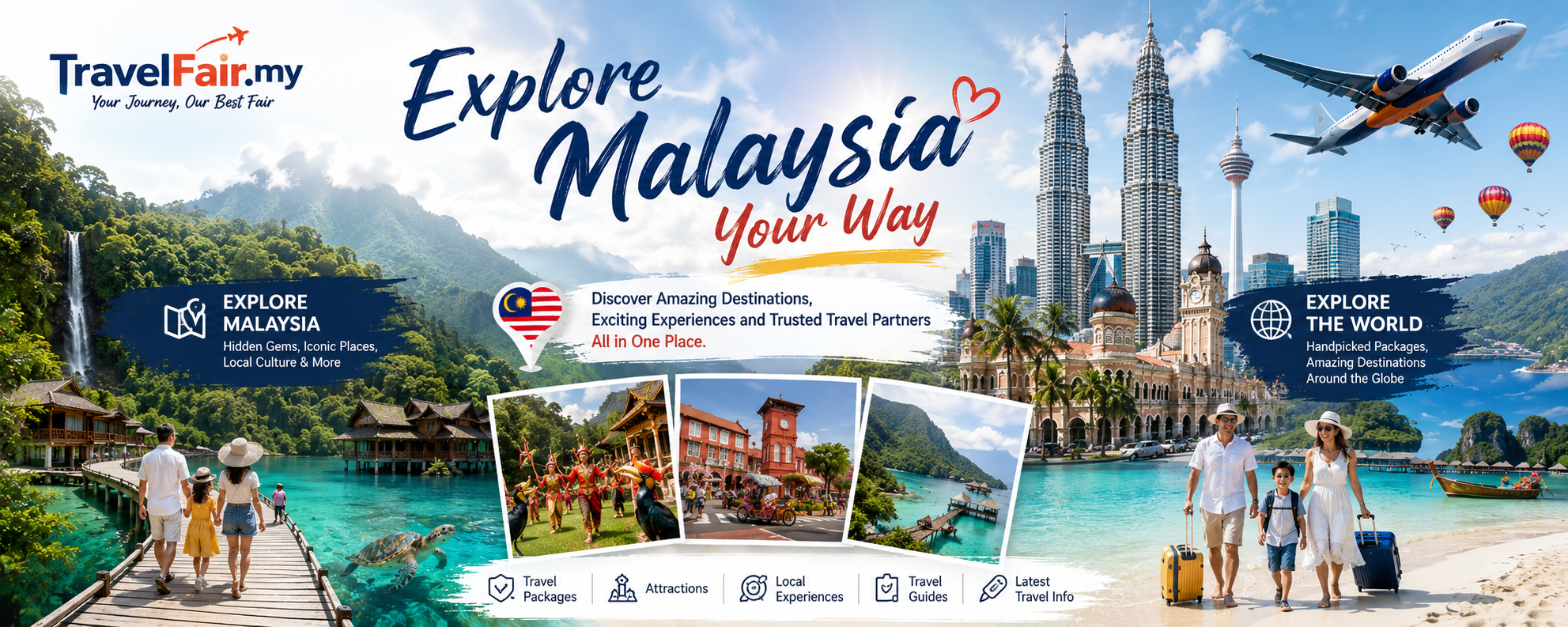 TravelFair.my banner showcasing Malaysia travel destinations, holiday packages, attractions, islands, local experiences and international travel inspiration